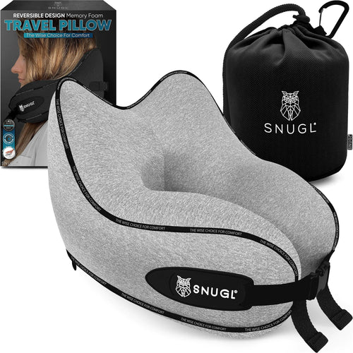 SNUGL Neck Travel Pillow - Memory Foam Airplane Pillow - Flight Pillow | Neck Support Travel Pillow with Carry Bag & Clip | Neck Pillows for Sleeping Travel Plane | Flying Travel Essentials - Grey