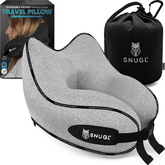 SNUGL Neck Travel Pillow - Memory Foam Airplane Pillow - Flight Pillow | Neck Support Travel Pillow with Carry Bag & Clip | Neck Pillows for Sleeping Travel Plane | Flying Travel Essentials - Grey